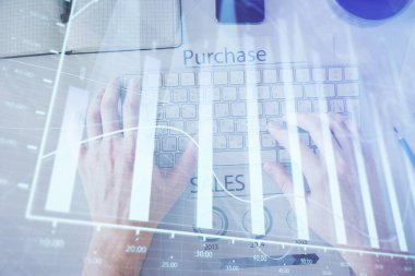 Dizüstü bilgisayar klavyesini ve ön x çizim hologramını yazarken çift pozlama. Üst Manzara. Finans piyasası kavramı.