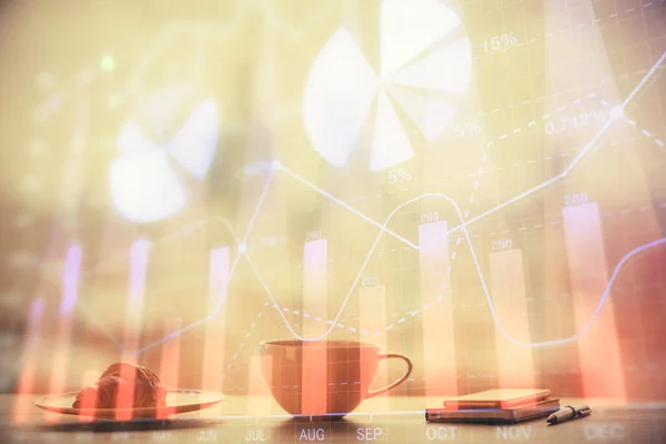 Double exposure of forex chart over coffee cup background in office. Concept of financial analysis and success.