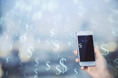 Ön x çizelgesine çift pozlama, hologram çizimi ve cep telefonu kullanan bir kadın. Borsa konsepti.