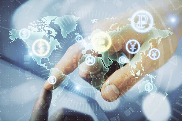 Multi exposure of mans hands holding and using a phone and financial chart drawing. Market analysis concept. — Stock Photo, Image