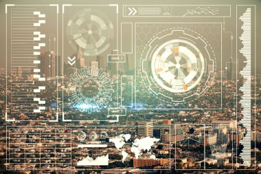 Veri temalı hologram gökdelenlerin arka planında çift pozlama ile şehir görünümüne çizim yapıyor. Teknoloji konsepti.