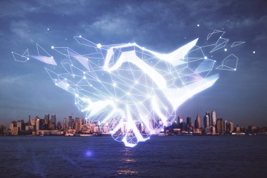 Şehir manzarası arka planında el sıkışma hologramına çifte maruz kalma. Ortaklık kavramı.