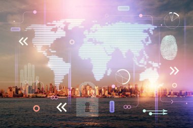 Şehir görünümünde harita ve veri temalı hologram ile gökdelenler arka planda çift pozlama. İş kavramında uluslararası teknoloji.