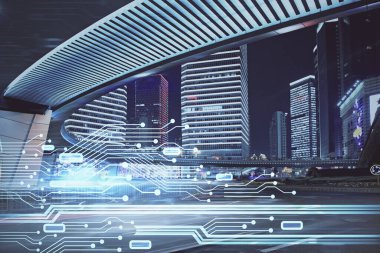 Veri temalı hologram gökdelenler arka planda çoklu pozlama ile şehir görünümüne çizim yapıyor. Büyük veri kavramı.