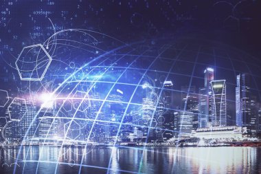 Şehir görünümünde harita ve veri temalı hologram ile gökdelenler arka planda çift pozlama. İş kavramında uluslararası teknoloji.