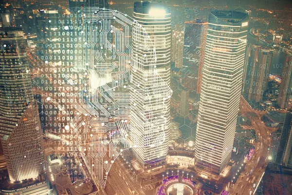 Brain hologram drawing on city scape background Double exposure. Brainstorming concept. — Stock Photo, Image