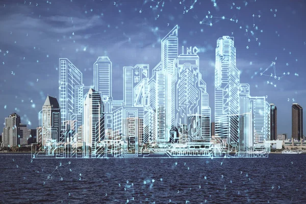 Doppelte Belichtung von Gebäuden Hologramm über Stadtbild Hintergrund. Konzept der Smart City. — Stockfoto