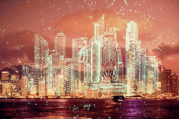 Doble exposición del holograma de edificios sobre el fondo del paisaje urbano. Concepto de ciudad inteligente. — Foto de Stock