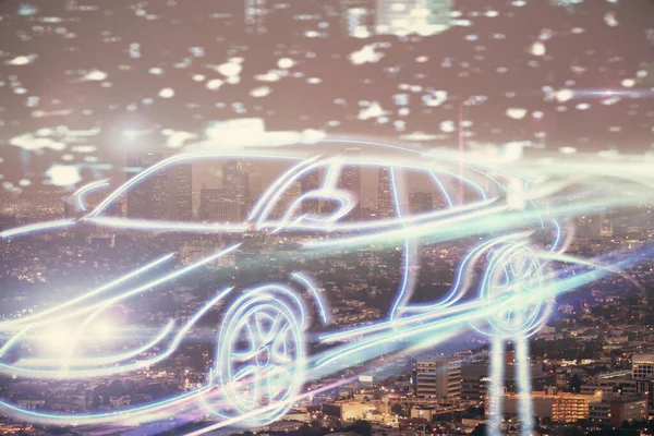 Dupla exposição do desenho do holograma do tema do transporte e fundo da vista da cidade. Conceito piloto automático. — Fotografia de Stock