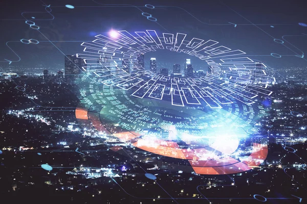 Data thema hologram tekening op uitzicht op de stad met wolkenkrabbers achtergrond multi blootstelling. Ai-concept. — Stockfoto