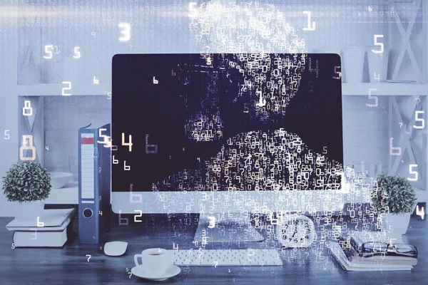 Computer op kantoor met technologie thema hologram. Dubbele belichting. Technologisch concept. — Stockfoto