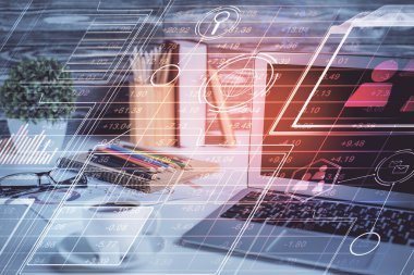 Bilgisayarın arka planda ve teknik tema çiziminde çoklu pozlama. Büyük veri kavramı.