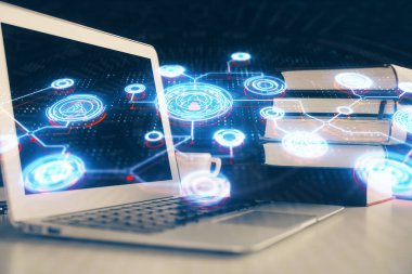 Sosyal ağ hologramıyla birlikte bilgisayar masaüstünde. Çifte maruziyet. Uluslararası insan ilişkileri kavramı.