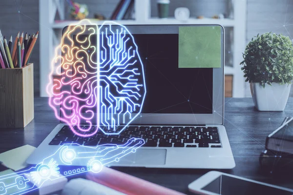 Dvojité vystavení stolního počítače a lidského mozku kreslení hologramu. Ai koncept. — Stock fotografie