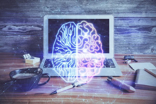Podwójna ekspozycja komputera stacjonarnego i hologramu rysunku ludzkiego mózgu. Koncepcja Ai. — Zdjęcie stockowe