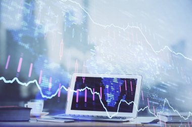 Bilgisayar geçmişi olan eski grafik hologramı. Çoklu maruz kalma. Finans piyasası kavramı.