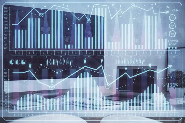 Forex αγορά γράφημα ολόγραμμα και προσωπικός υπολογιστής στο παρασκήνιο. Διπλή έκθεση. Έννοια της επένδυσης. — Φωτογραφία Αρχείου