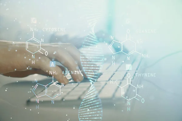 DNA全息图与商人在电脑上工作的背景。生物工程的概念。加倍暴露. — 图库照片
