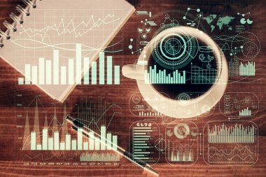Forx grafik çizimi ve çalışma masası üst veiw çoklu pozlama. Mali analiz kavramı.