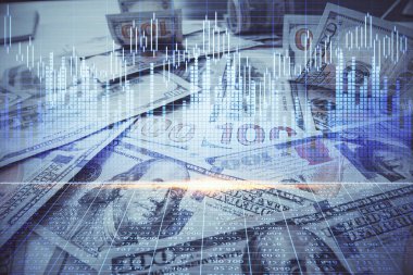 Forx grafiğinin çok sayıda görüntüsü bize dolar banknotları arka planında görünüyor. Finansal başarı piyasası kavramı.