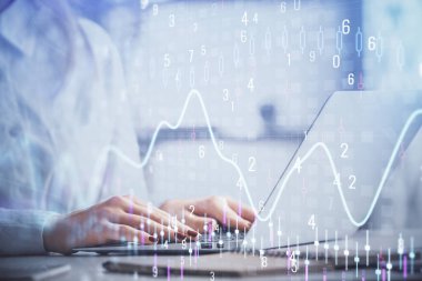 Bilgisayar ve ön grafik hologram çizimi üzerinde çalışan kadın elleri çift pozlama. Mali analiz kavramı.