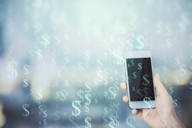 Ön x çizelgesine çift pozlama, hologram çizimi ve cep telefonu kullanan bir kadın. Borsa konsepti.