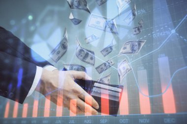 Finansal grafiğe çoklu pozlama hologram, Amerikan dolarları ve insan eli. Analiz kavramı.