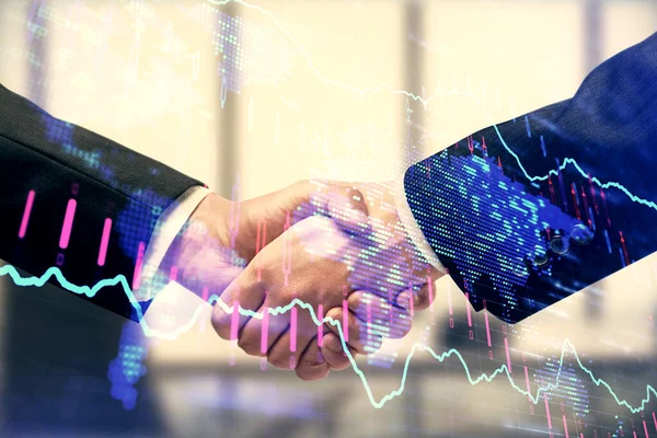 Double exposure of forex graph hologram and handshake of two men. Stock market concept. — Stock Photo, Image