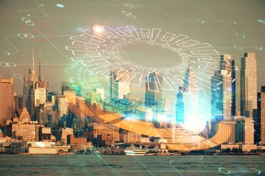 Veri temalı hologram gökdelenlerin arka planında çift pozlama ile şehir görünümüne çizim yapıyor. Teknoloji konsepti.