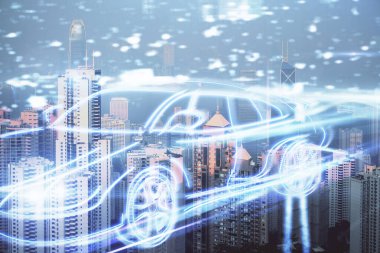 Ulaşım temalı hologram çizimi ve şehir manzaralı arka plan çifte pozlama. Otomatik pilotu kabul et.