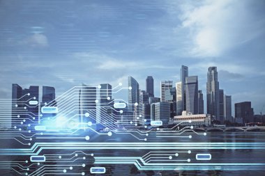 Veri temalı hologram gökdelenler arka planda çoklu pozlama ile şehir görünümüne çizim yapıyor. Büyük veri kavramı.