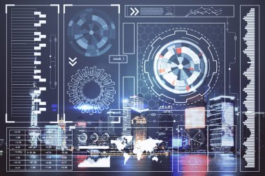 Veri temalı hologram gökdelenlerin arka planında çift pozlama ile şehir görünümüne çizim yapıyor. Ai kavramı.