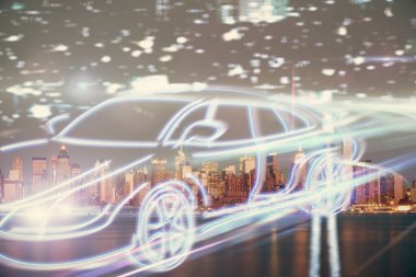 Ulaşım temalı hologram çizimi ve şehir manzaralı arka plan çifte pozlama. Otomatik pilotu kabul et.