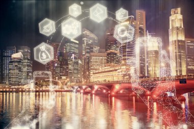 Teknoloji temalı hologramın ve şehrin arka planının iki katına çıkarılması. Yüksek Teknoloji kavramı.