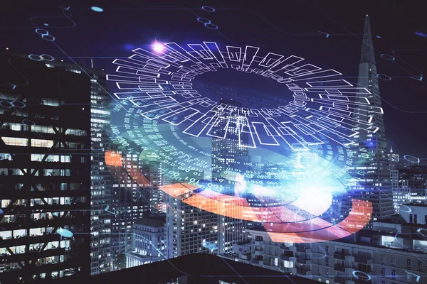 Data thema hologram tekening op uitzicht op de stad met wolkenkrabbers achtergrond multi blootstelling. Ai-concept. — Stockfoto