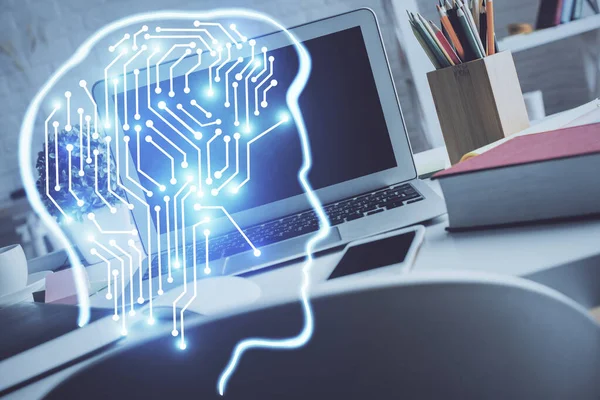 Dubbel exponering av arbetsutrymme med dator och mänsklig hjärna ritning hologram. Brainstorms koncept. — Stockfoto