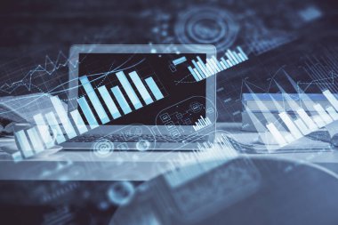 Eski pazar grafiği hologramı ve kişisel bilgisayar geçmişi. Çoklu maruz kalma. Yatırım kavramı.