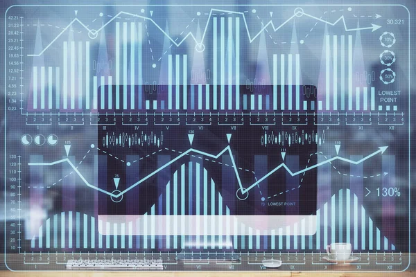 Финансовый график красочный рисунок и таблица с компьютером на заднем плане. Двойное воздействие. Концепция международных рынков. — стоковое фото