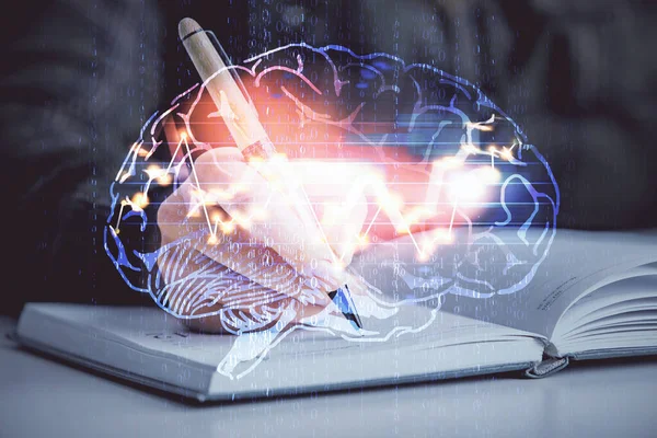 Mehrfachbelichtung von Frauen beim Schreiben von Hand auf Hintergrund mit Gehirn-Hologramm. Konzept des Brainstormings. — Stockfoto