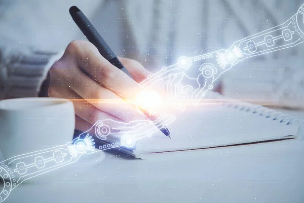 Dubbele belichting van het schrijven van handen op de achtergrond met data-oplossing hologram aan de voorkant. Technologie concept. Sluiten. — Stockfoto