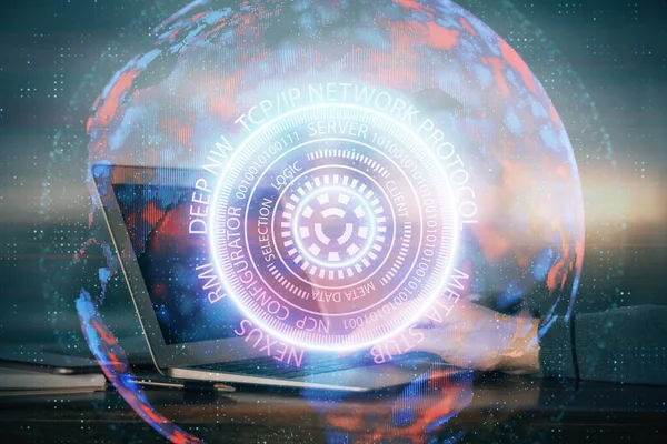 Teknik tema hologram med man som arbetar med dator på bakgrunden. Högteknologiskt koncept. Dubbel exponering. — Stockfoto