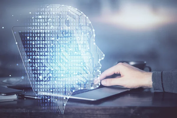 Hombre escribiendo en el fondo del teclado con holograma cerebral. Concepto de big data. Doble exposición. —  Fotos de Stock