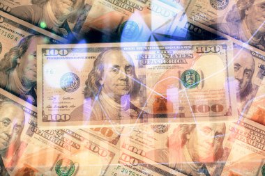 Forx grafiğinin çok sayıda görüntüsü bize dolar banknotları arka planında görünüyor. Finansal başarı piyasası kavramı.