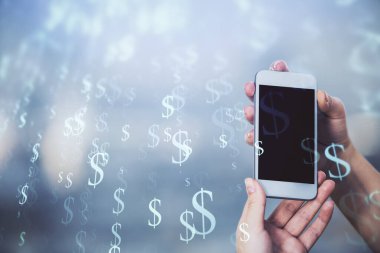 Ön x grafik çizimine çift pozlama hologram ve cep telefonu kullanan bir kadın. Borsa konsepti.