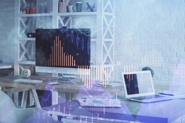 Double exposure of financial graph drawing and office interior background. Concept of stock market. — Stock Photo, Image