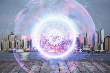 Teknoloji temalı hologramın ve şehrin arka planının iki katına çıkarılması. Yüksek Teknoloji kavramı.