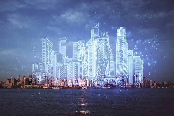 Double exposition des bâtiments hologramme sur fond de paysage urbain. Concept de ville intelligente. — Photo
