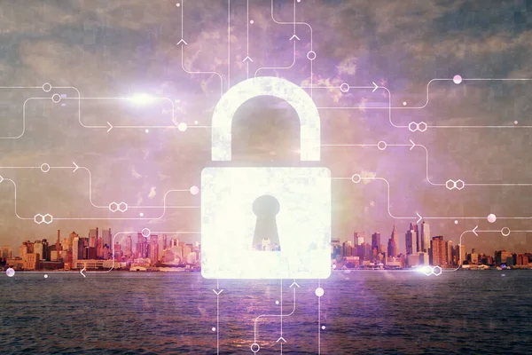 Lock icon hologram on city view with skyscrapers background multi exposure. Data security concept.