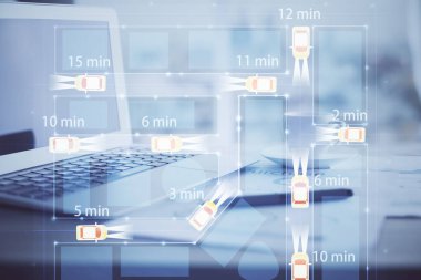 Otomobil hologramı çizimi olan masaüstü bilgisayar arkaplanı. Çoklu maruz kalma. Teknoloji kavramı.