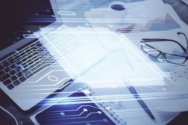 Arkaplanda bilgisayar ve veri teması çizimi olan tablonun çifte pozlandırılması. Yenilik kavramı.